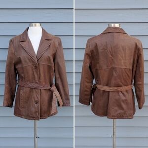Vintage 90s y2k Wilsons Brown Leather Insulated Midi Car Moto Boho Belted Coat L